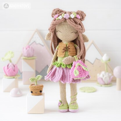 Amigurumi Crochet Doll Pattern LUNA with Kawaii Sprout by AradiyaToys (Olka Novytska) collection tutorial PDF file, elf crochet pattern doll dress fantasy kawaii