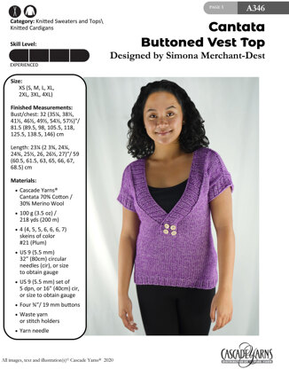 Buttoned Vest Top in Cascade Yarns Cantata - A346 - Downloadable PDF