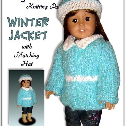 Pdf doll clothes knitting pattern, fits 18 inch and American Girl dolls. Winter Jacket and matching Hat.