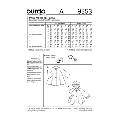 Burda Style Child's A-Line Coat B9353 - Paper Pattern, Size 2-7