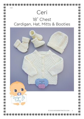 Ceri Unisex baby knitting pattern cardigan, hat, mitts and booties 0-6mths 18" chest