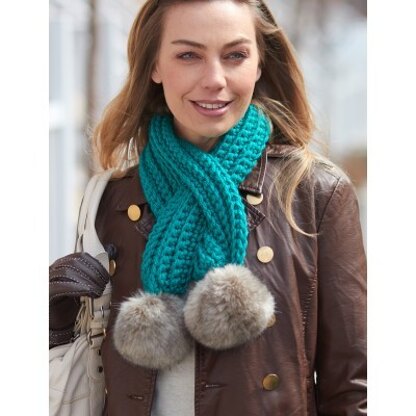 Pull-Through Pompom Scarf in Bernat Softee Chunky and Faux Fur Pompom