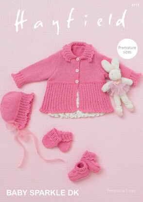 Cardigan, Bonnet, Bootees & Mittens in Hayfield Baby Sparkle DK - 4719 - Downloadable PDF