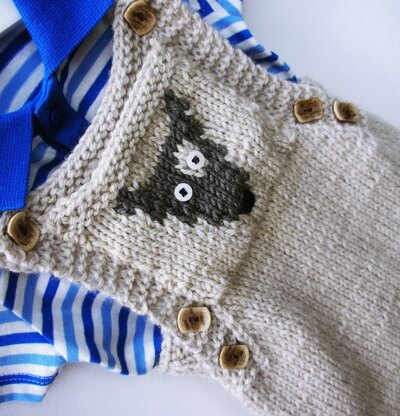 Baby’s Knitted Dungaree with motif pocket (dog or cat) 0-3 years