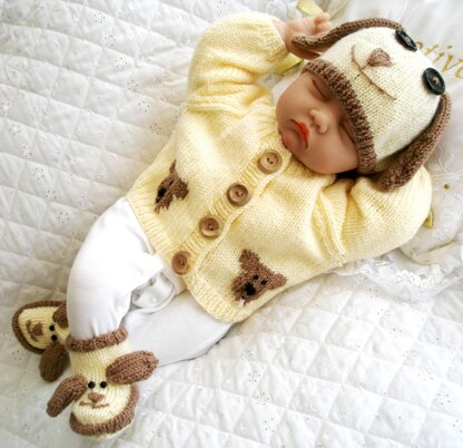 Baby Knitting Pattern Dog Cardigan Hat Boots Reborn Doll 0-3 Month Baby