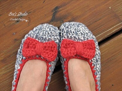 Crochet Slippers with Red Bow