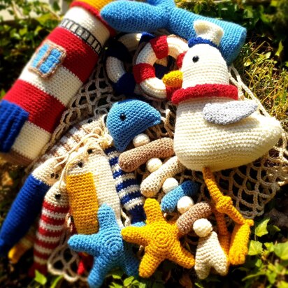 By The Sea Set Collection crochet amigurumi fishing net fish tail hanging lifebuoy lighthouse sardines seagull shell starfish