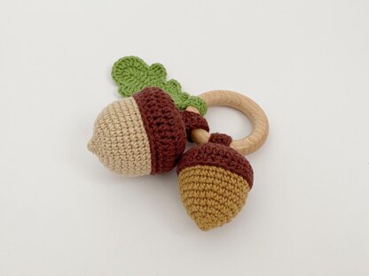 Acorns with leaf crochet pattern Baby rattle toy Amigurumi teether ring Sensory toy pattern