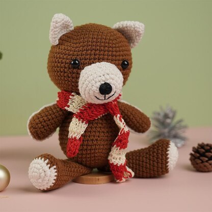 Brown Teddy Bear Wearing Red & White Christmas Scarf Plush Toy Crochet Pattern