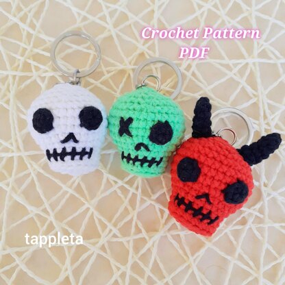 Skull Trio crochet pattern, Skull keychain Zombie skull Devil skull, Halloween crochet pattern