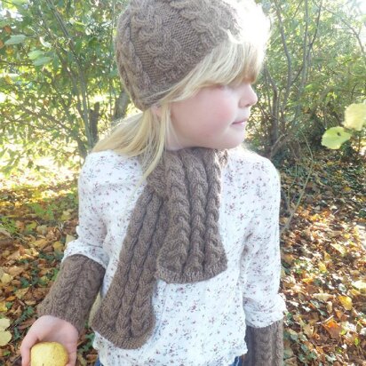 Child's 1 skein Cable Scarf, Beanie and Wrist Warmers - knitting pattern