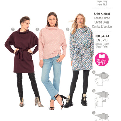 Burda Style Misses' Top, Dress with Loose Roll Neck Collar B6074 - Paper Pattern, Size 8-18 (34-44)