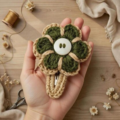 Crochet Beige Flower Hair Clip Pdf + Video Tutorials.