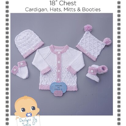 Raya  Baby Cardigan, Hats, Booties & Mitts knitting pattern 18 inch chest size