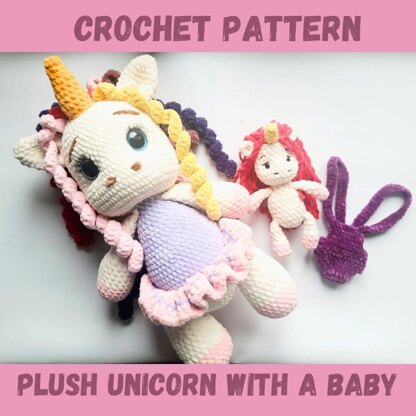 3 Crochet patterns plush unicorn with a baby in a kangaroo jumpsuit