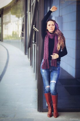 Aubergine crochet scarf with fringe