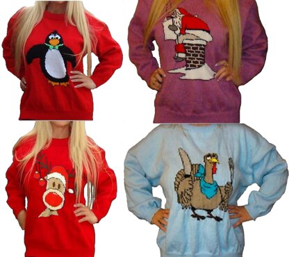 4 x Plus Size Christmas Jumper Knitting Patterns #6 Santa Penguin Turkey Rudolph