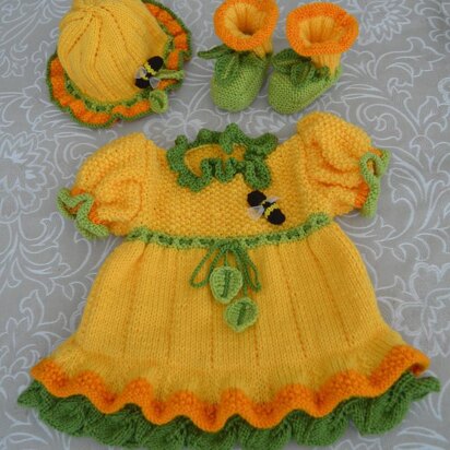 Daffodil Yellow Baby Dress, Booties & Hat