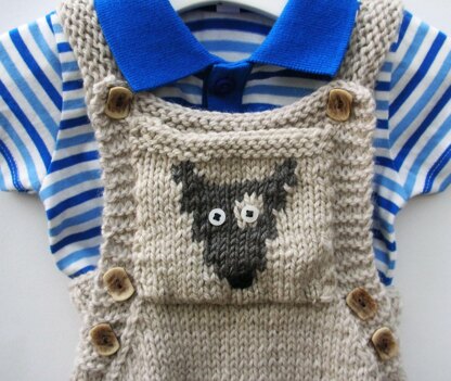 Baby’s Knitted Dungaree with motif pocket (dog or cat) 0-3 years