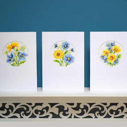 Vervaco Blue & Yellow Flowers Card Set (3pcs) Cross Stitch Kit - 10.5cm x 15cm