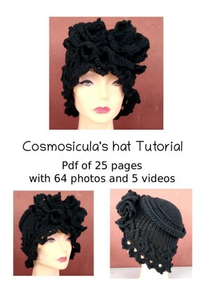 Crochet Tutorial Pattern for my Cosmosicula's hat. Retro style hat. Elegant winter hat. Pdf 25 pages, 64 photos, 5 videos. English version.