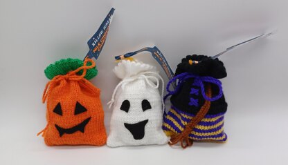 PDF Trick-or-Treat DK Spooky Halloween knitting pattern Decoration Coin Bag EASY Pumpkin/Ghost/Witch Party Favours