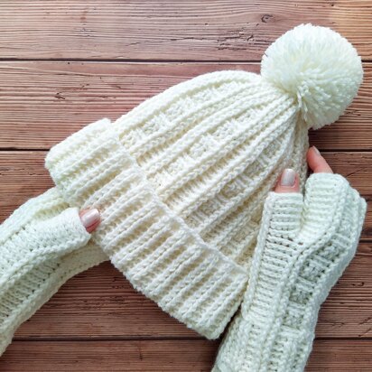 Hat with Pom Pom and Fingerless gloves