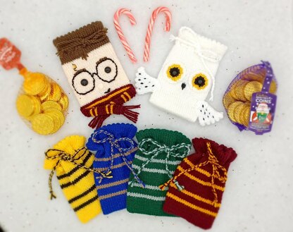 Harry Potter PDF Wizard knitting pattern Chocolate Coin Bag EASY Snowy Owl House Colours Jewellery Potion Pouch