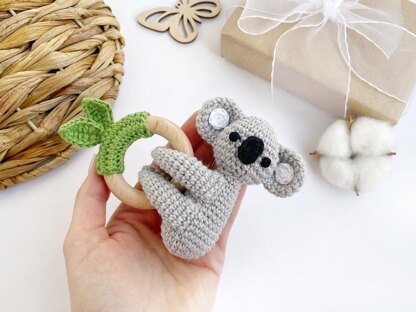 Koala crochet pattern baby rattle toy Amigurumi animal pattern Teething ring Newborn toy