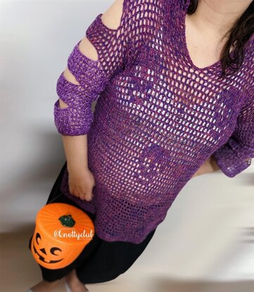 Spooky skull pullover sweater cold shoulder