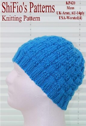 Knitting Pattern men's beanie hat UK & USA Terms #420