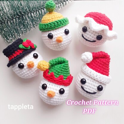 Christmas baubles with hats crochet pattern, Santa Claus bauble ornament, Snowman hat bauble crochet pattern Christmas tree ornament crochet