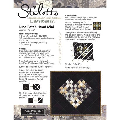 Moda Fabrics Stiletto Nine Patch Heart Mini Quilt - Downloadable PDF