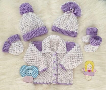 Arya baby knitting pattern cardigan, hats, booties & mitts 16-18" chest