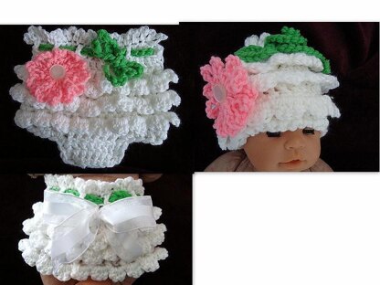 534, Crochet Ruffled Diaper Cover, Hat, and Bonnet