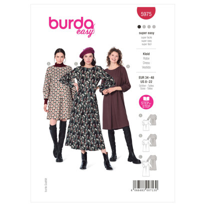 Burda Style Misses' Dress with Scoop Neckline and Sleeve Bands B5975 - Sewing Pattern
