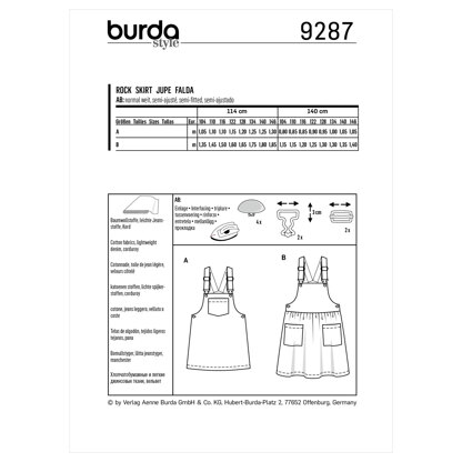 Burda Style Children's Bibbed skirt â€“ Pinafore B9287 - Paper Pattern, Size 4-6