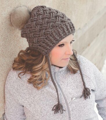 Chunky Diagonal Weave Pom Pom Slouch