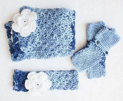 Cozy Posy Headband, Fingerless Gloves and Scarf Set in Caron Simply Soft & Simply Soft Ombre - Downloadable PDF