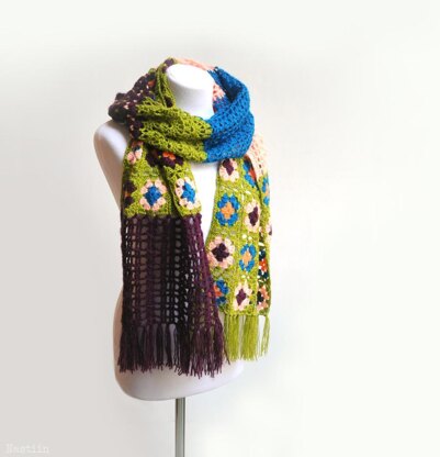 Farfallina patchwork crochet scarf with fringe