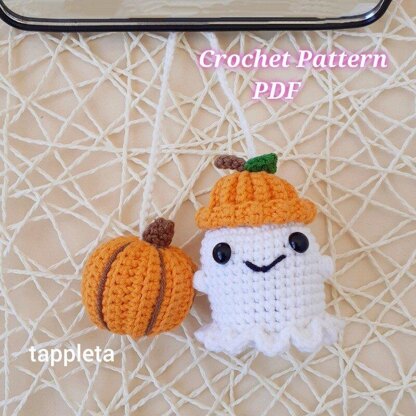 Ghost and Pumpkin car hanger crochet pattern, Halloween car accessories, crochet Ghost with pumpkin hat, Fall car decor, Halloween crochet