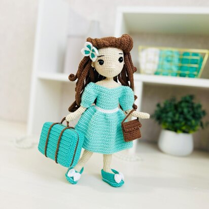 Amigurumi doll, crochet doll, doll clothes pattern, crochet doll clothes, doll dress, crochet doll suitcase
