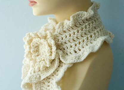 Crochet Ruffle Scarf with Flower Scarf Pin