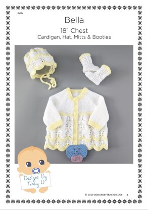 Bella baby Matinee, Bonnet, booties and mitts knitting pattern