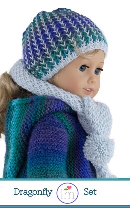 Dragonfly hat and scarf set for 18 inch dolls. Doll Clothing knitting pattern.