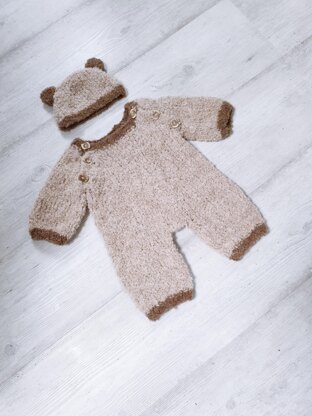 Baby bear boucle raglan romper & hat pdf knitting pattern, 0-12 months