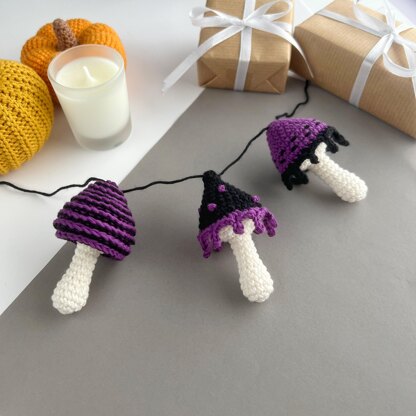 Crochet mushrooms garland no sew pattern Halloween decor Amigurumi pattern ornament