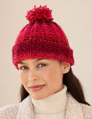 Rosy Ribbed Hat in Lion Brand Tweed Stripes - L10534