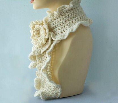 Crochet Ruffle Scarf with Flower Scarf Pin