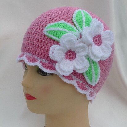 Crochet Baby Girl Beanie Hat with flowers Apple Blossoms